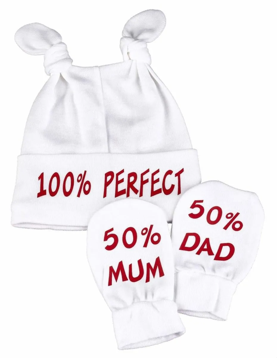 100% Perfect Knot Hat & 50% Mum And 50% Dad Scratch Mits Baby Set