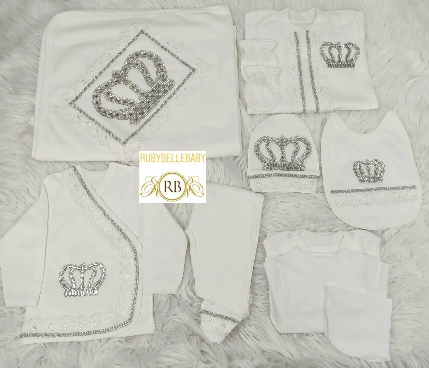 10pcs Bling Baby HRH Crown Set - White