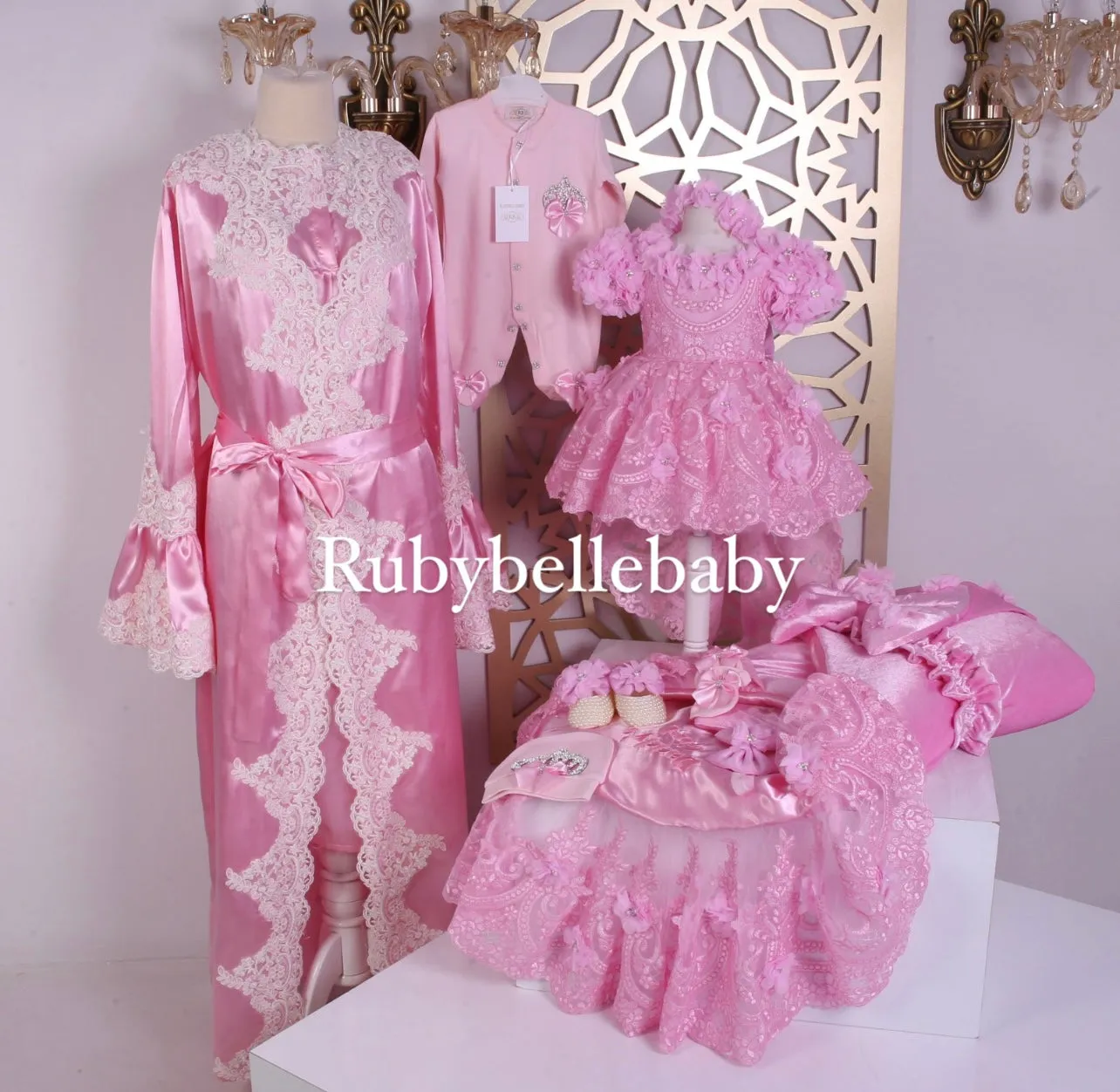 10pcs Mommy and Me Robe & Dainty Daisy Dress Swaddle Set - Pink
