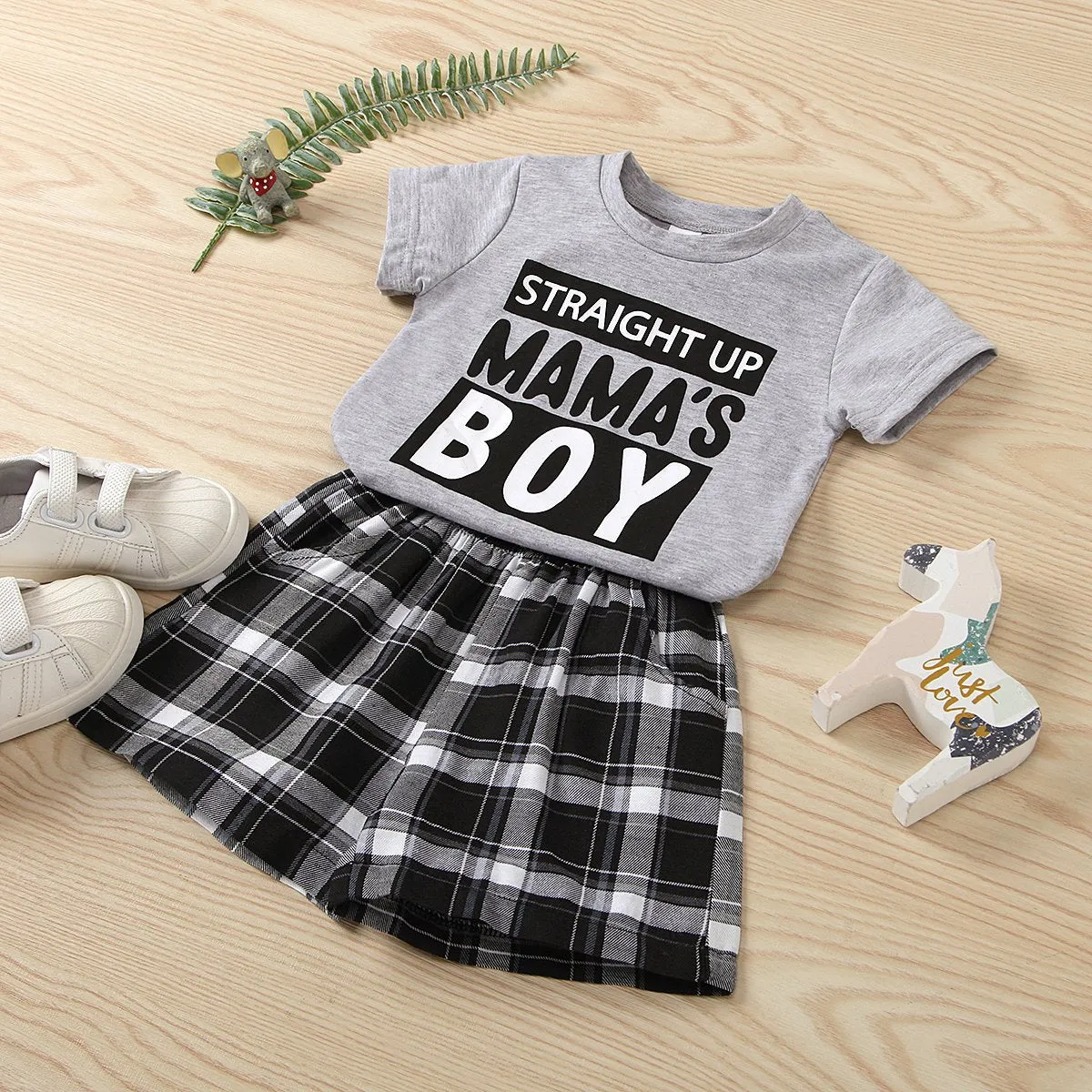 1~4Y Summer Letter Suit Summer Men's Cotton T-Shirt Mother's Day Plaid Suit Wholesale Kids Clothes