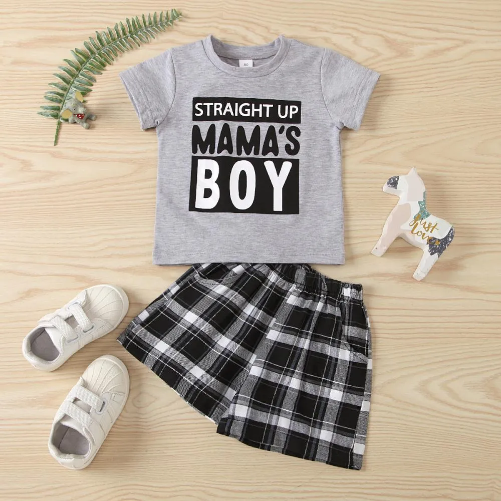 1~4Y Summer Letter Suit Summer Men's Cotton T-Shirt Mother's Day Plaid Suit Wholesale Kids Clothes