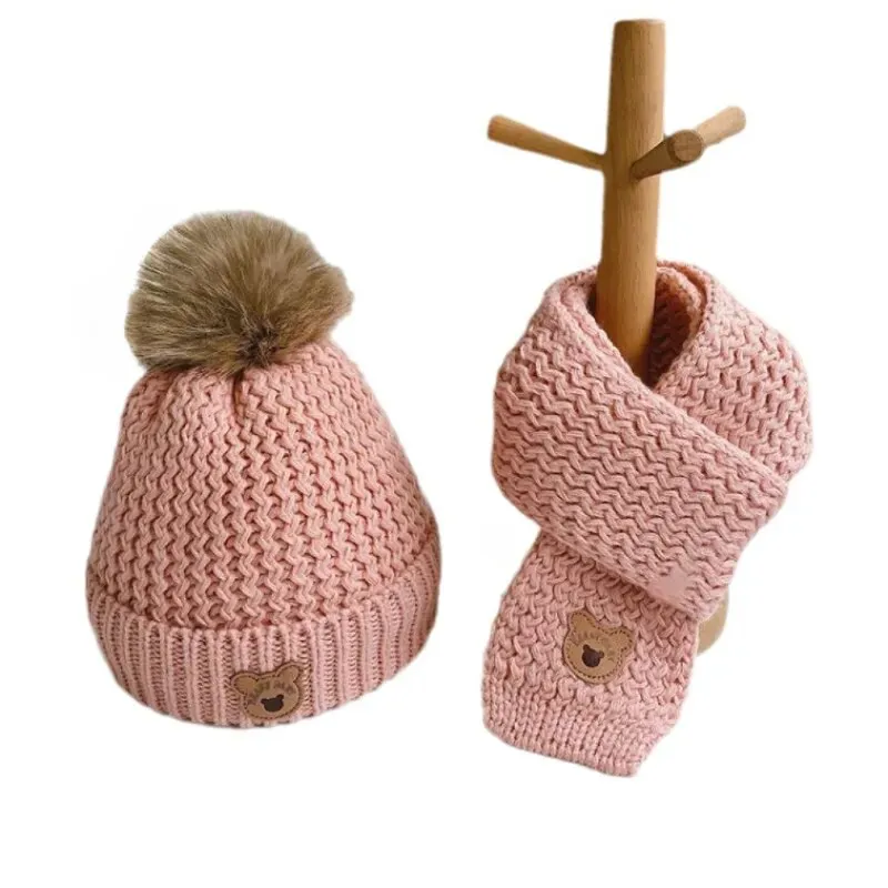 2Pcs Cute Bear Embroidery Baby Hats and Scarf Set