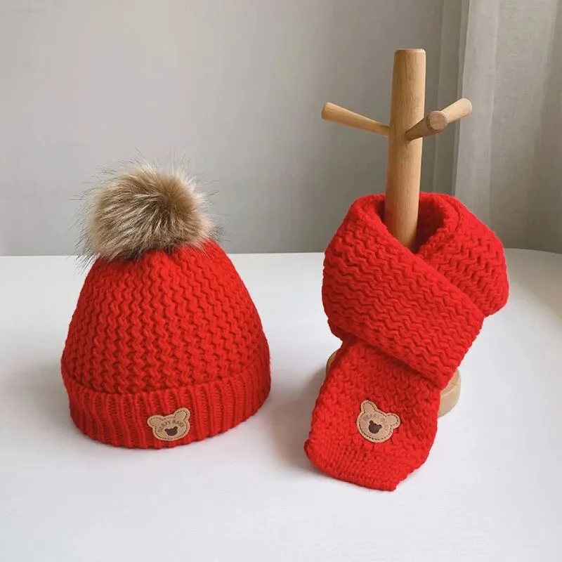 2Pcs Cute Bear Embroidery Baby Hats and Scarf Set