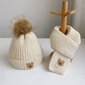 2Pcs Cute Bear Embroidery Baby Hats and Scarf Set