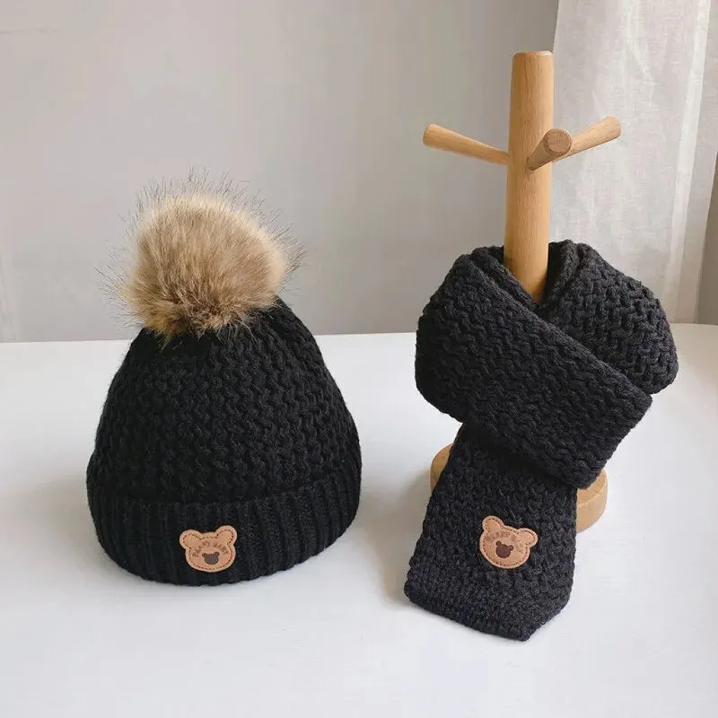 2Pcs Cute Bear Embroidery Baby Hats and Scarf Set
