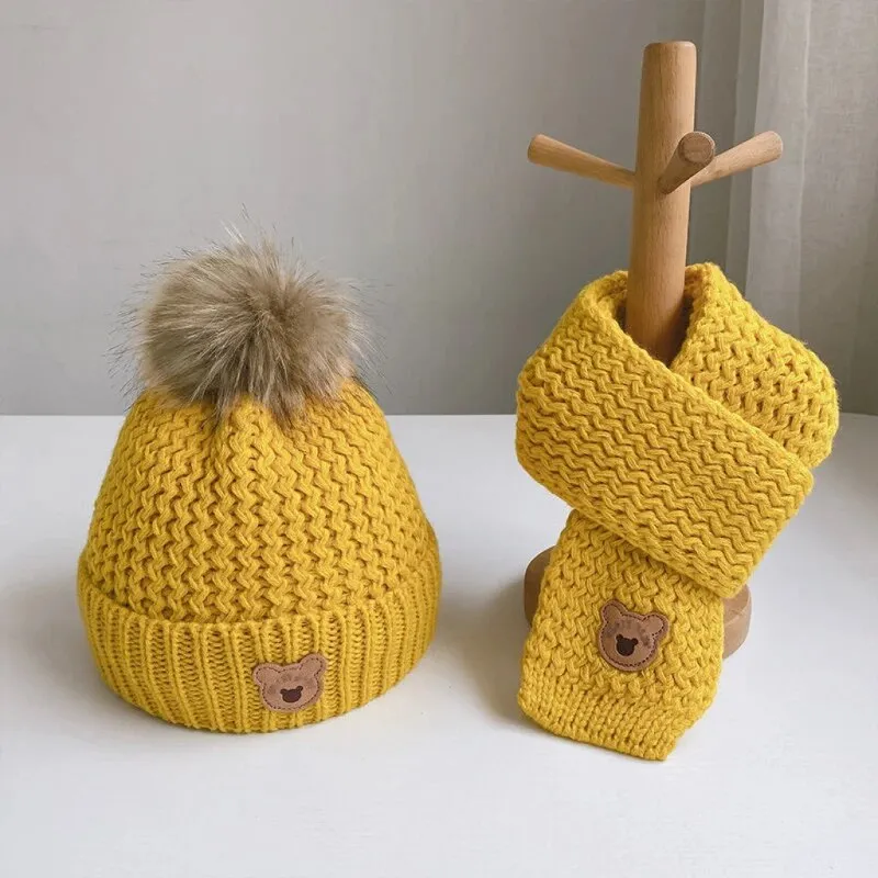 2Pcs Cute Bear Embroidery Baby Hats and Scarf Set