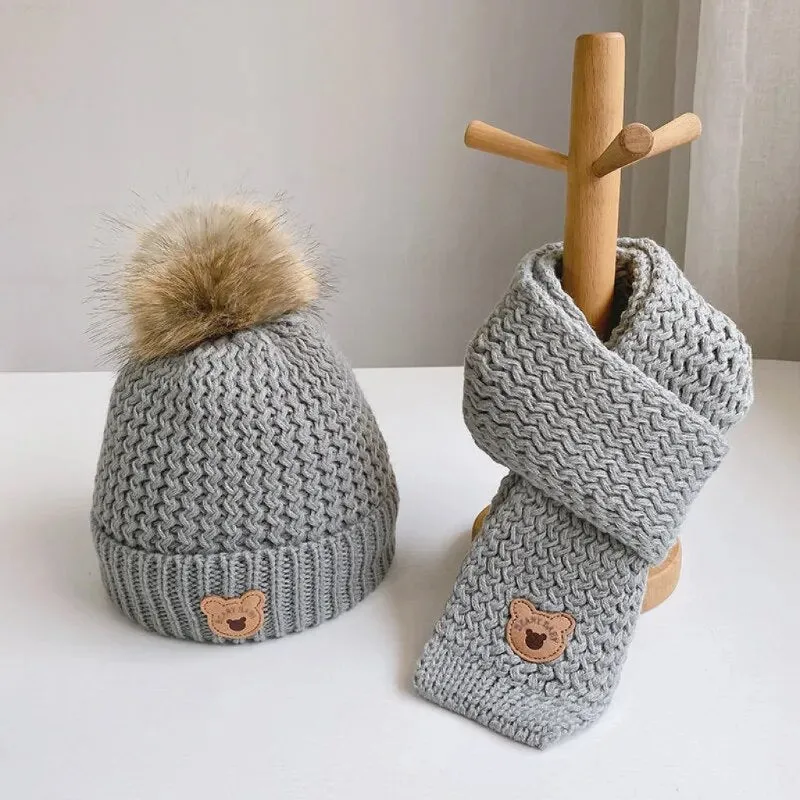 2Pcs Cute Bear Embroidery Baby Hats and Scarf Set