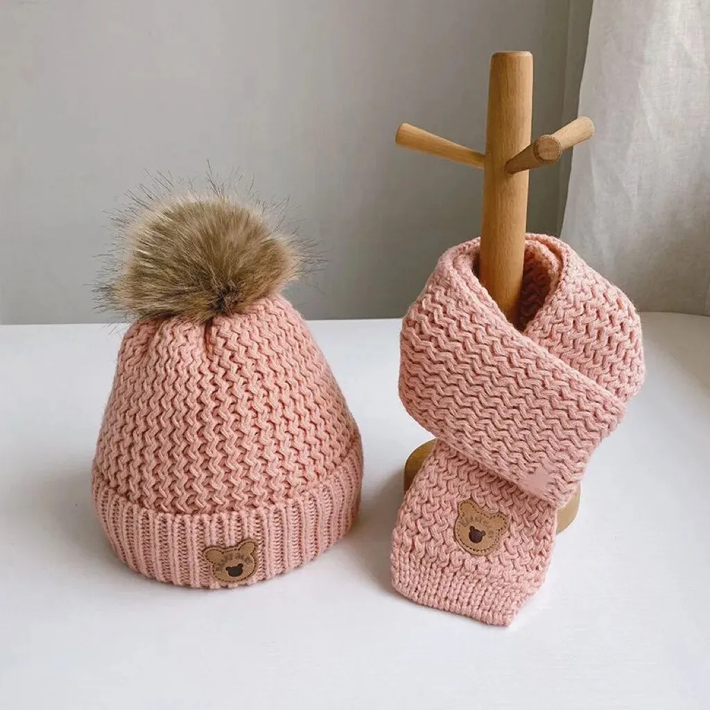 2Pcs Cute Bear Embroidery Baby Hats and Scarf Set