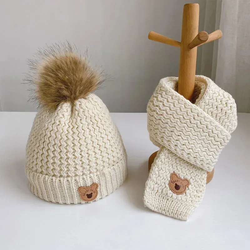 2Pcs Cute Bear Embroidery Baby Hats and Scarf Set