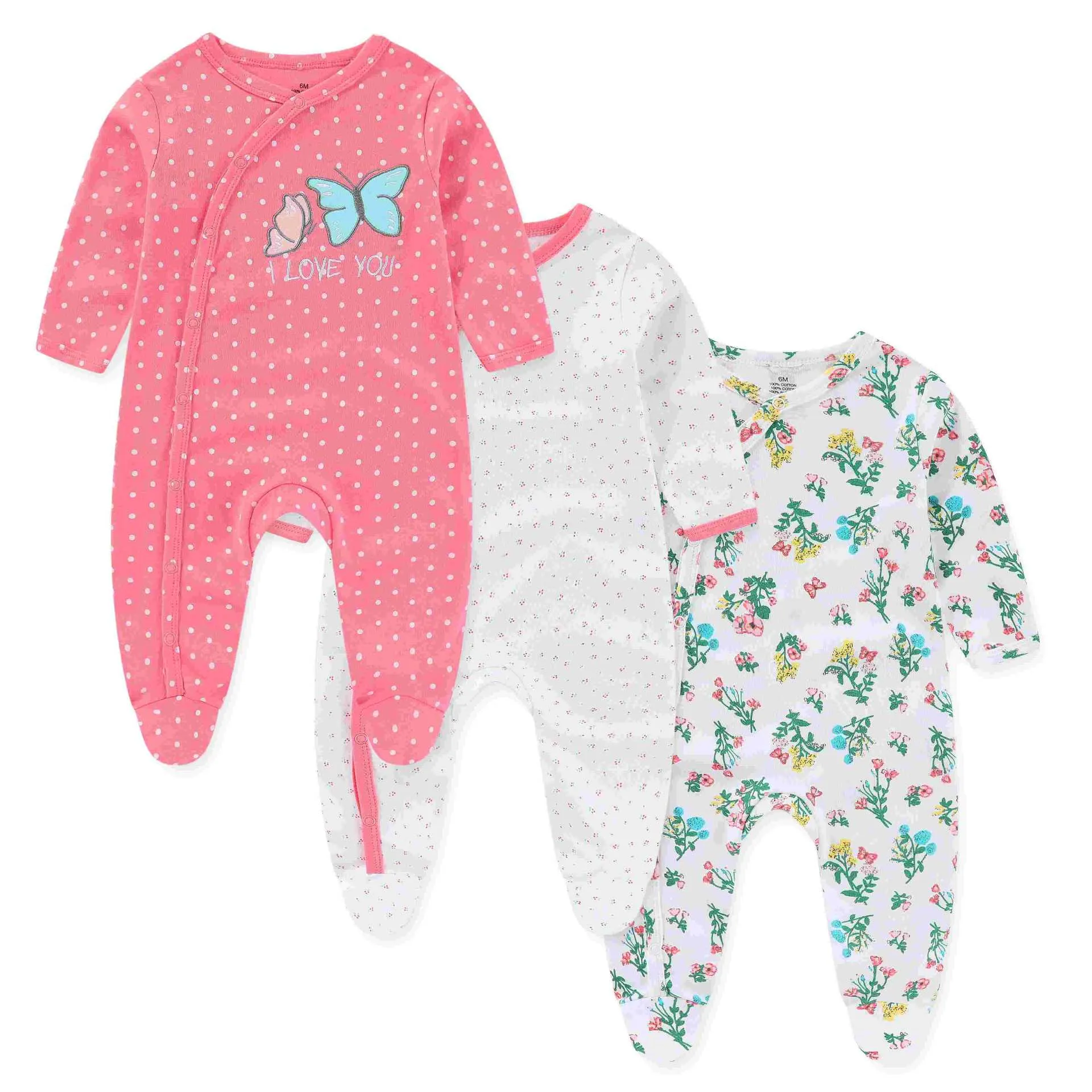 3pk 0-12M Long Sleeve Baby Girl Footed Onesie