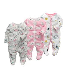 3pk Baby Girl Cotton Long Sleeve 0-12M Footed Onesie