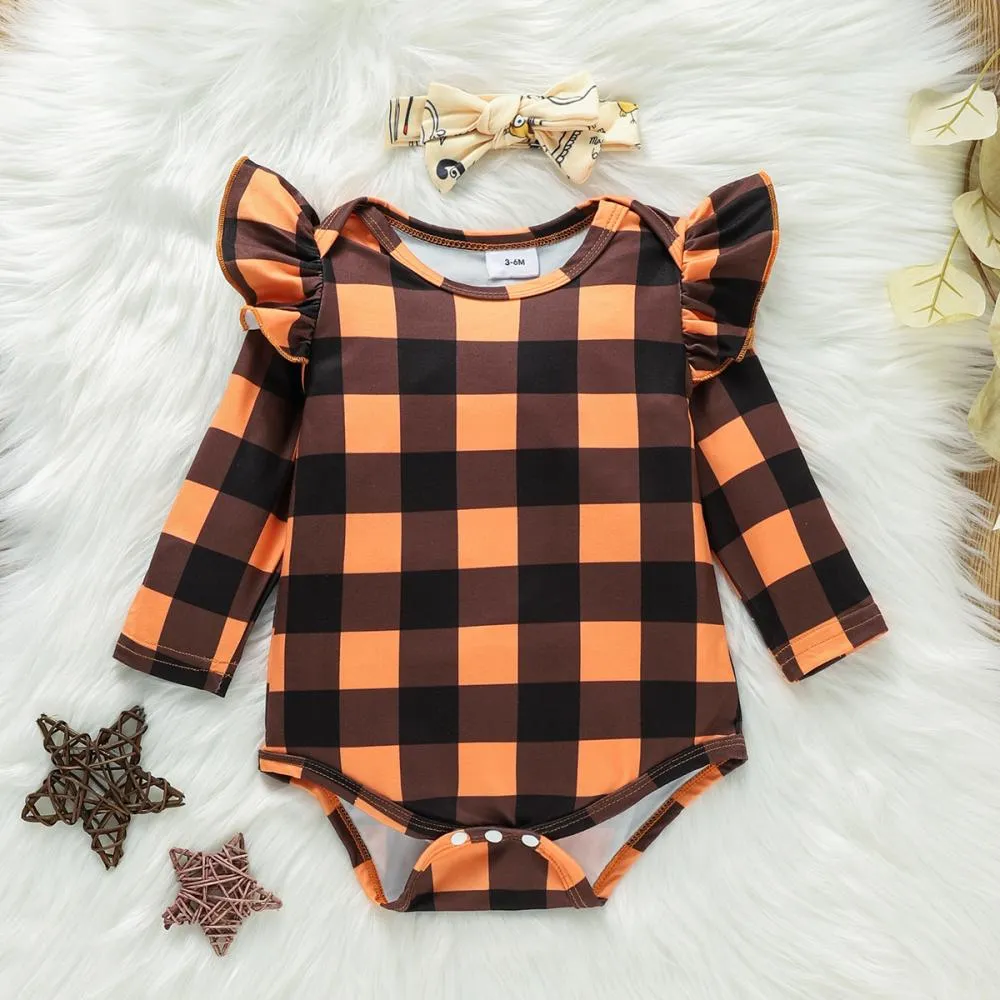 Autumn Halloween Girls Plaid Long Sleeve Romper   Pumpkin Print Skirt Set Wholesale Girl Clothing
