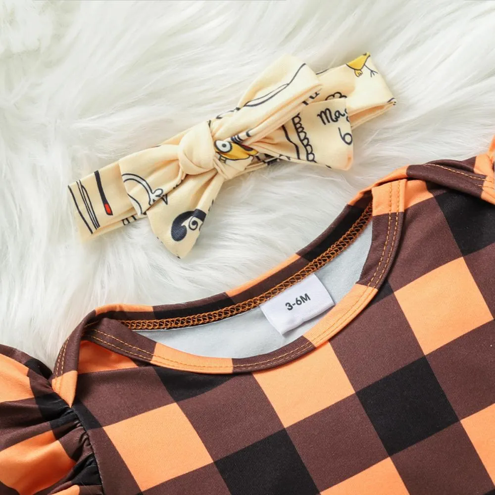 Autumn Halloween Girls Plaid Long Sleeve Romper   Pumpkin Print Skirt Set Wholesale Girl Clothing