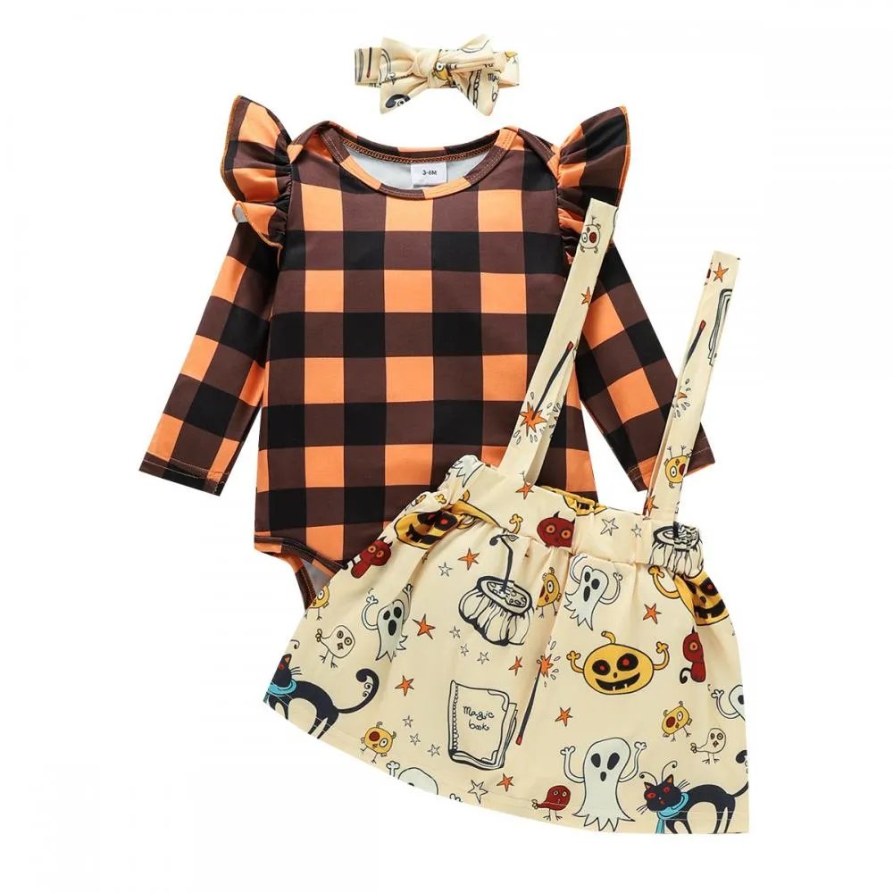Autumn Halloween Girls Plaid Long Sleeve Romper   Pumpkin Print Skirt Set Wholesale Girl Clothing