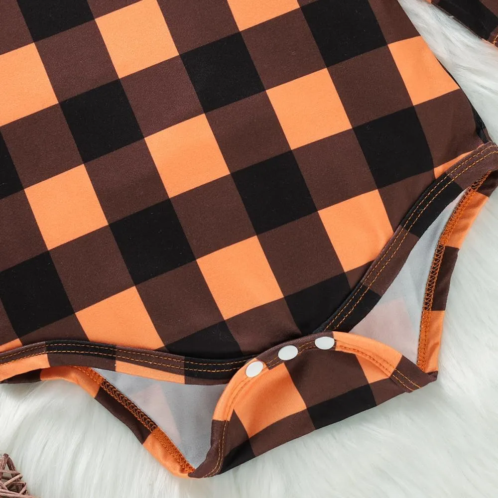 Autumn Halloween Girls Plaid Long Sleeve Romper   Pumpkin Print Skirt Set Wholesale Girl Clothing