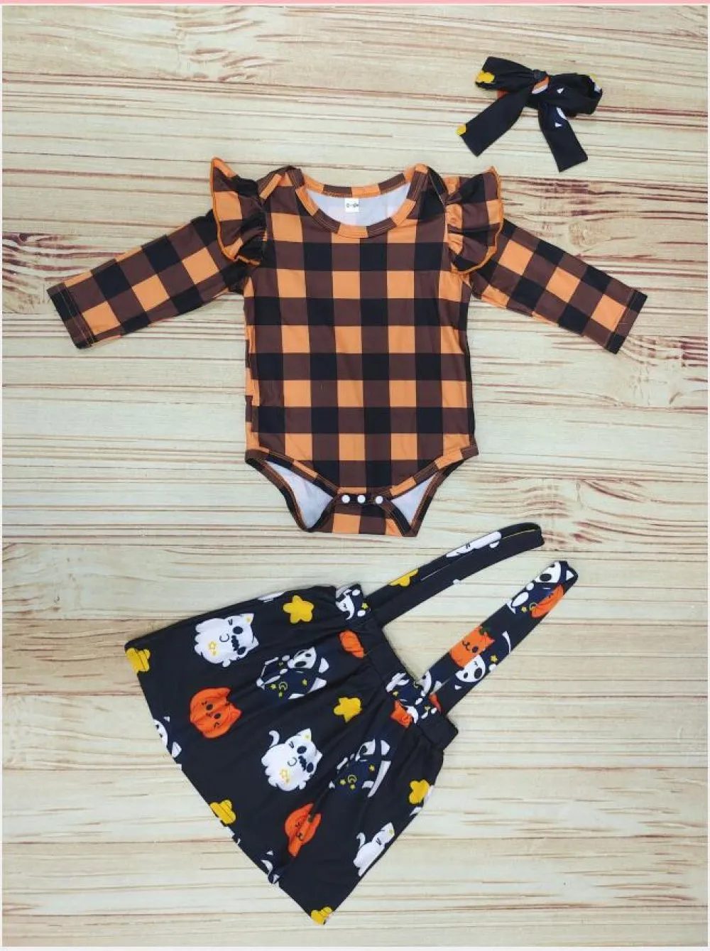 Autumn Halloween Girls Plaid Long Sleeve Romper   Pumpkin Print Skirt Set Wholesale Girl Clothing