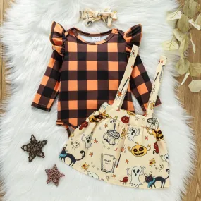 Autumn Halloween Girls Plaid Long Sleeve Romper   Pumpkin Print Skirt Set Wholesale Girl Clothing