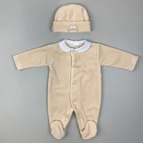 Baby Angel Wings Velour Sleepsuit with Hat - Beige