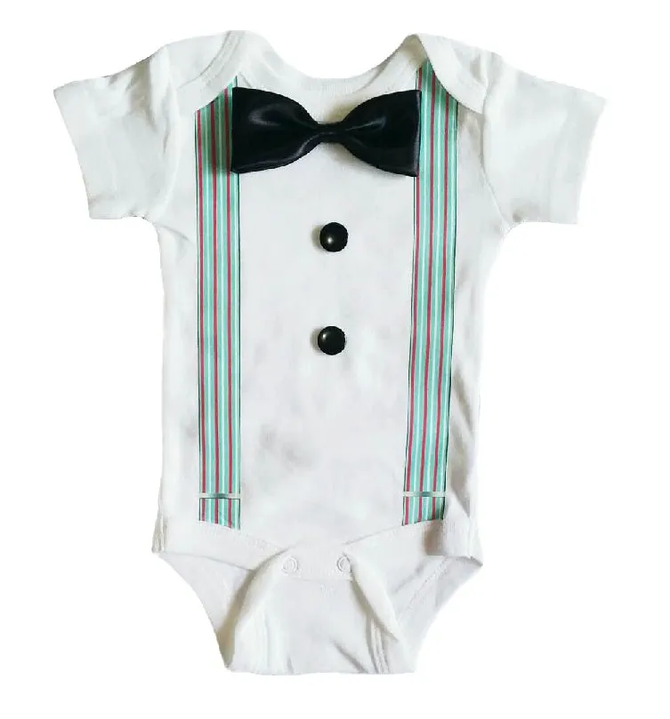 Baby Formal Tuxedo Suspender Onesies - Stripe BlueGreen