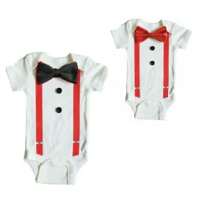 Baby Formal Tuxedo Suspender Onesies with Black or Red Bow Tie