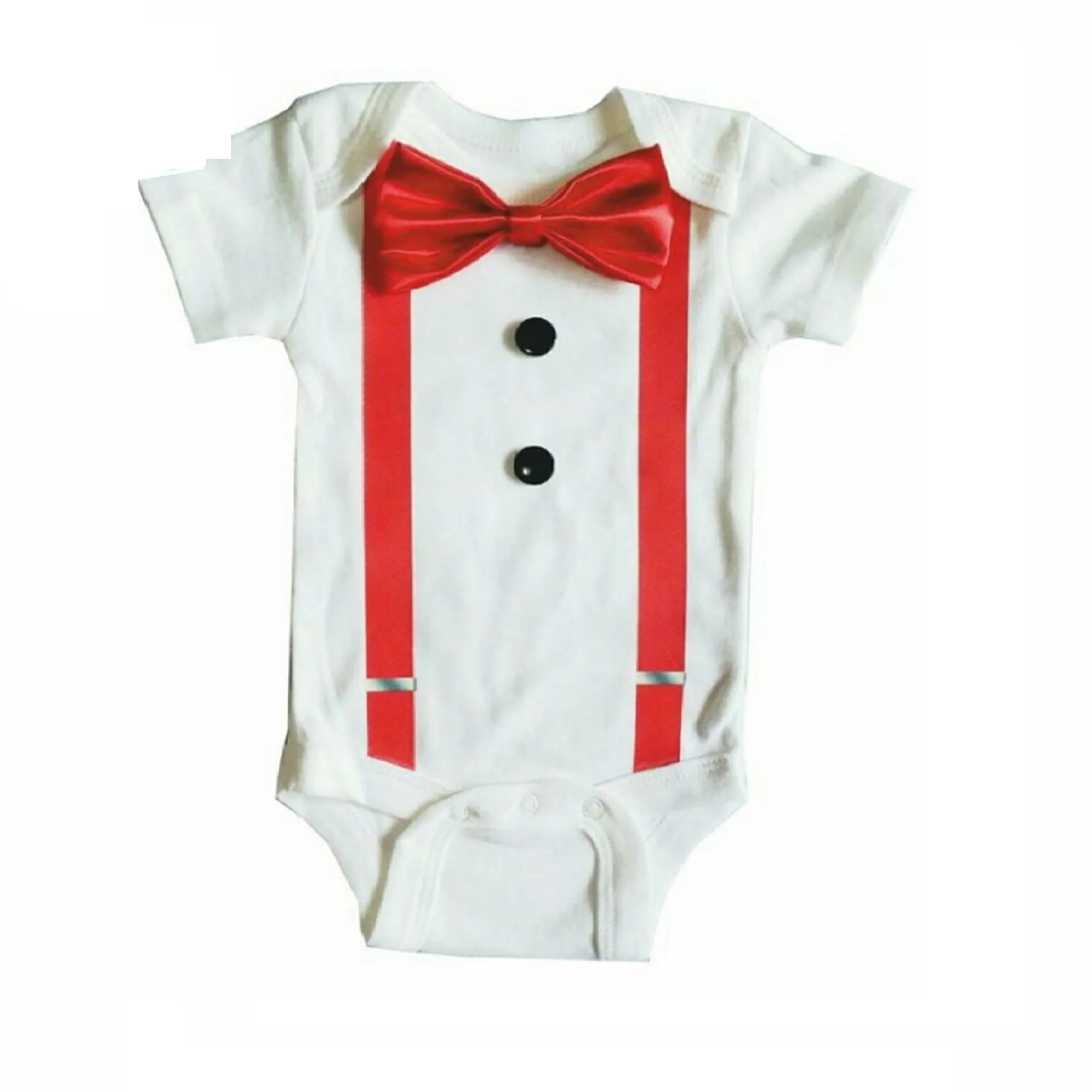 Baby Formal Tuxedo Suspender Onesies with Black or Red Bow Tie
