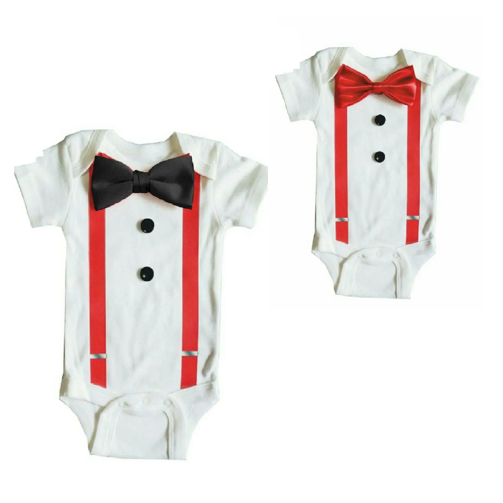 Baby Formal Tuxedo Suspender Onesies with Black or Red Bow Tie