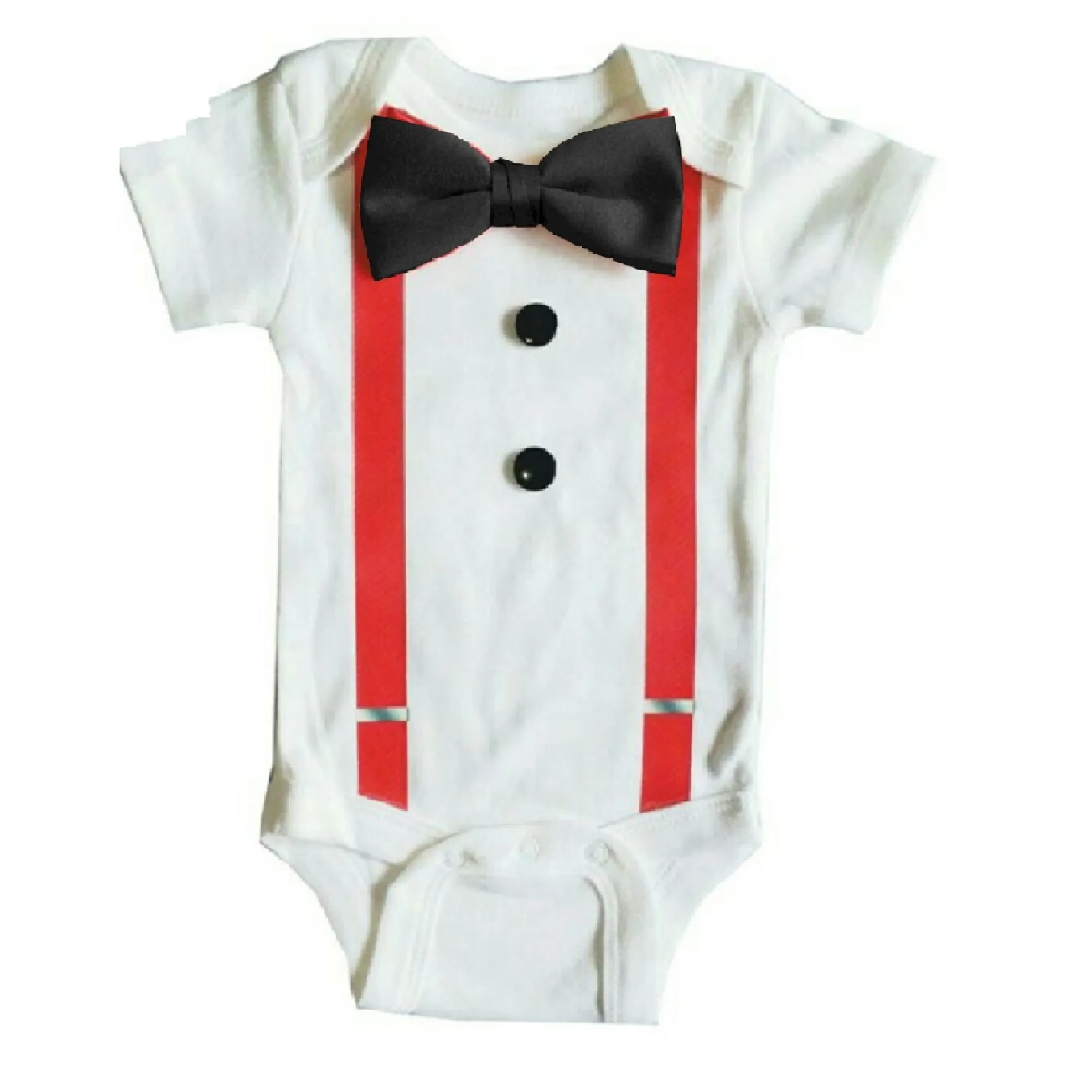 Baby Formal Tuxedo Suspender Onesies with Black or Red Bow Tie