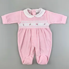 Baby Girls  Pink Velour Sleepsuit with smocking & embroidery