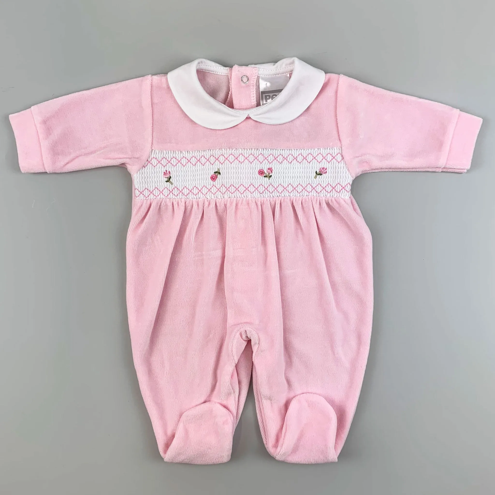Baby Girls  Pink Velour Sleepsuit with smocking & embroidery