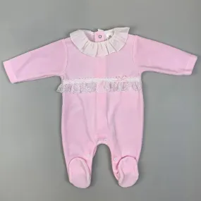 Baby Girls Velour Baby Grow / Sleepsuit with Lace - Pink