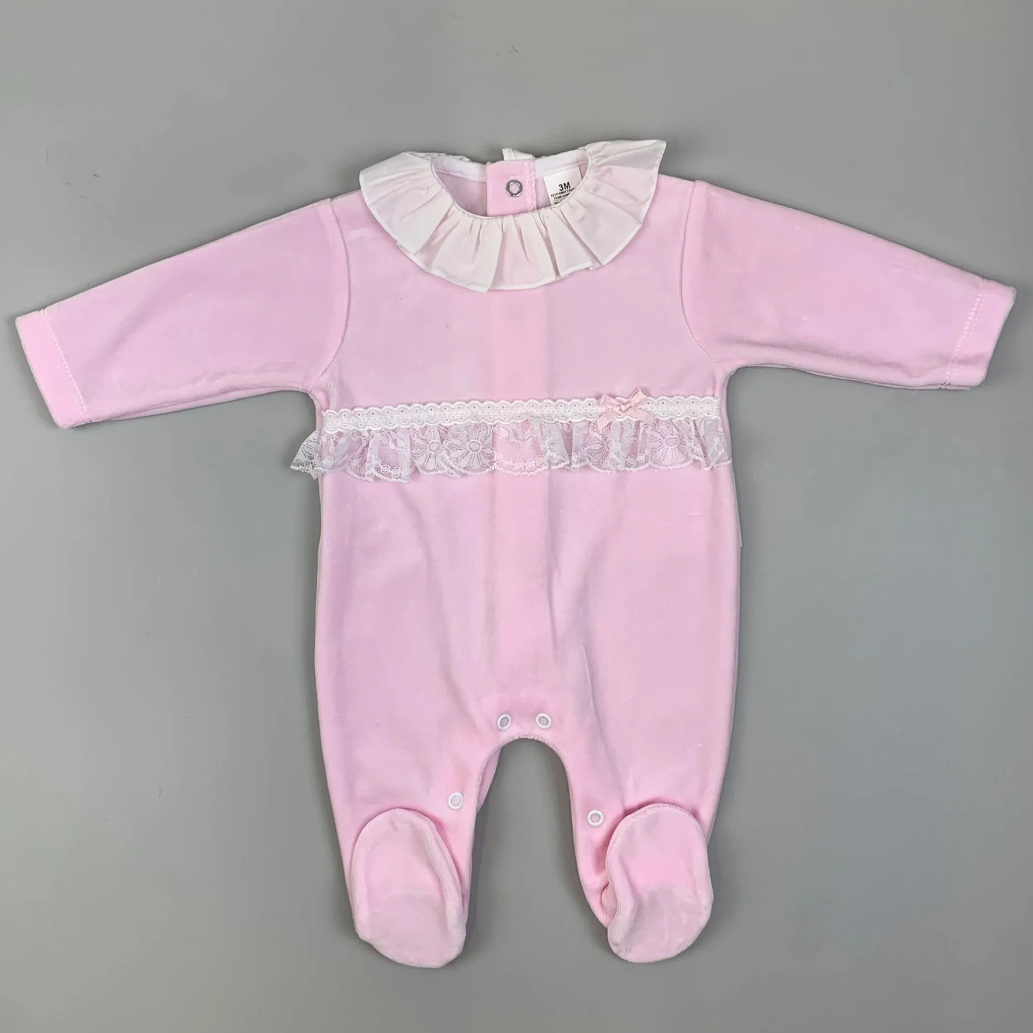 Baby Girls Velour Baby Grow / Sleepsuit with Lace - Pink