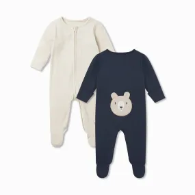 Bear Ribbed Clever Zip Sleepsuit 2 Pack