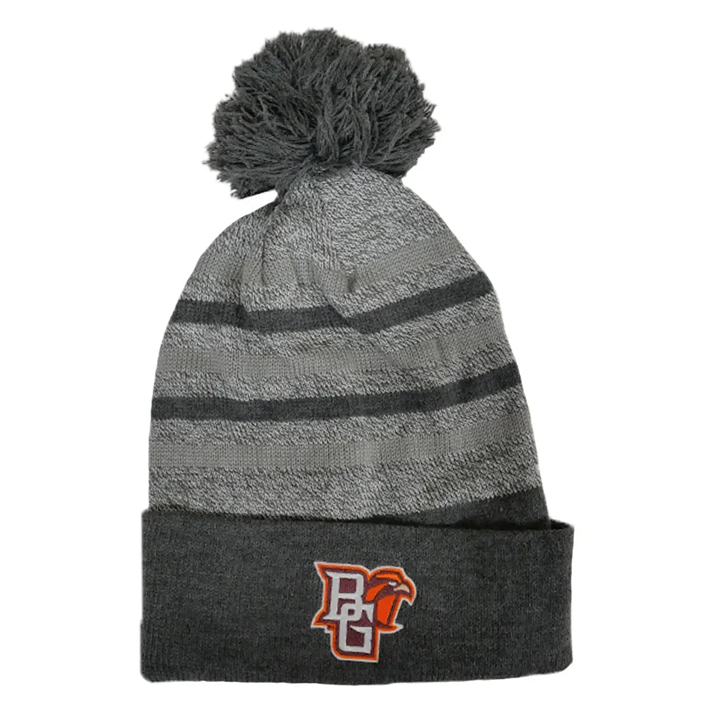 BGSU Logofit Cuff Grey Stripe Pom Hat