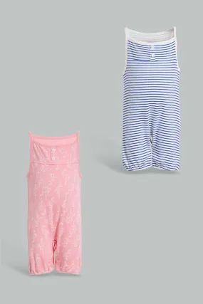 Blue And Pink Striped and Printed Romper Set (2 Piece)