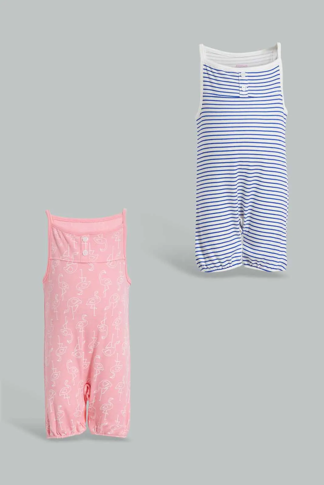 Blue And Pink Striped and Printed Romper Set (2 Piece)