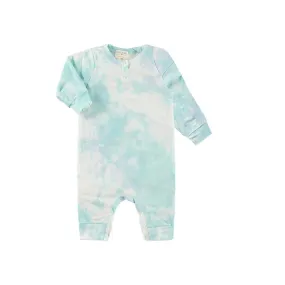 Blue Green French Terry Slub Marble Tie Dye Henley Romper