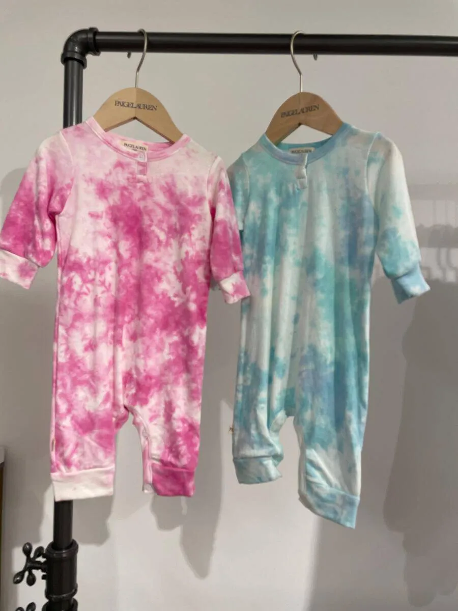 Blue Green French Terry Slub Marble Tie Dye Henley Romper