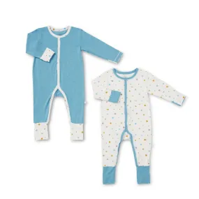 Blue Stars and Sandwash Lagoon Blue - Baby Long-sleeved Button Sleepsuit (Foldable Mittens & Footies) (Pack of 2)