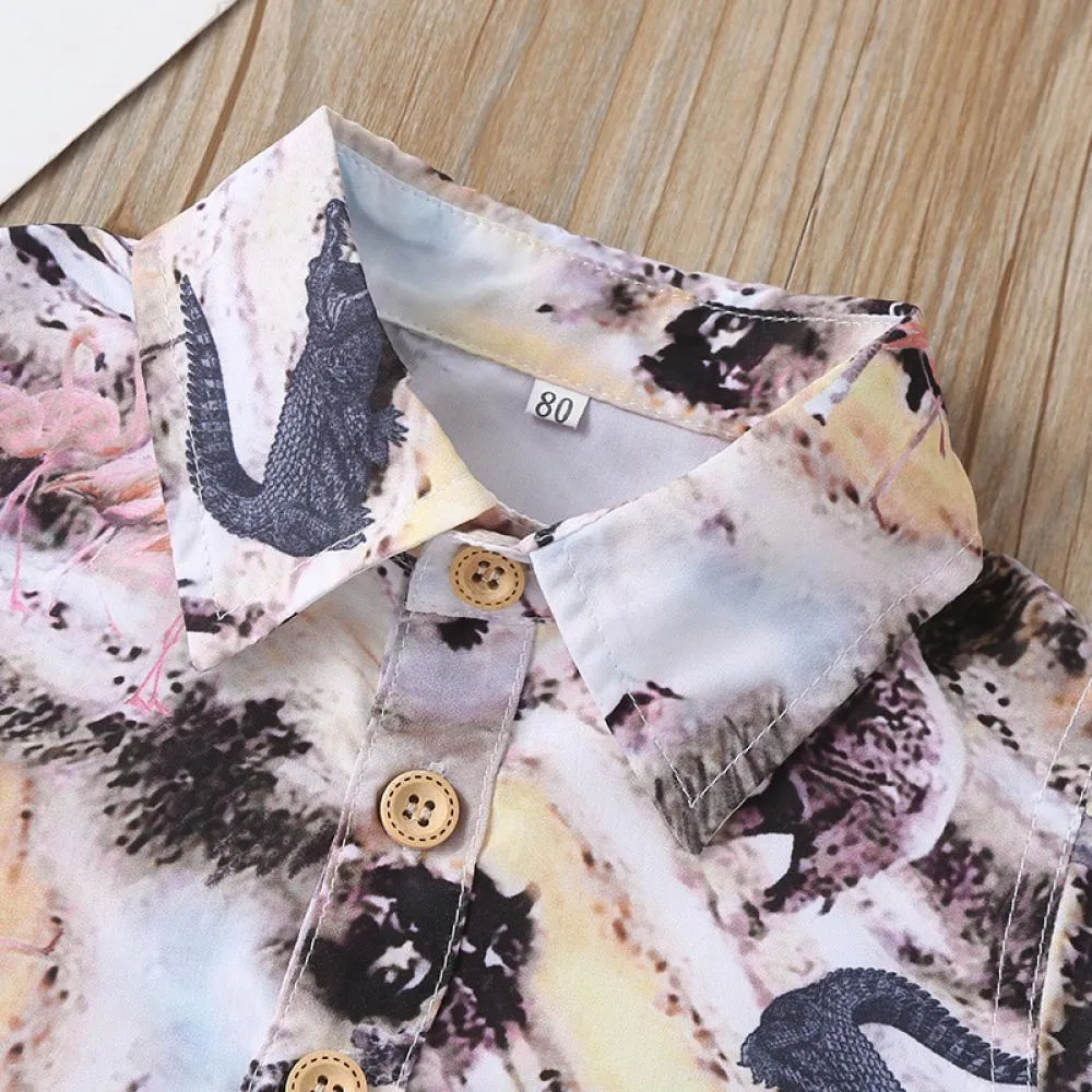 Boys Summer Flower Print Shirt Solid Color Shorts Two Piece Suit Wholesale Boy Clothes