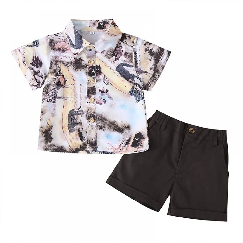 Boys Summer Flower Print Shirt Solid Color Shorts Two Piece Suit Wholesale Boy Clothes