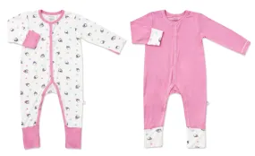 Cute Penguin & Pink - Baby Long-sleeved Button Sleepsuit (Foldable Mittens & Footies) (Pack of 2)