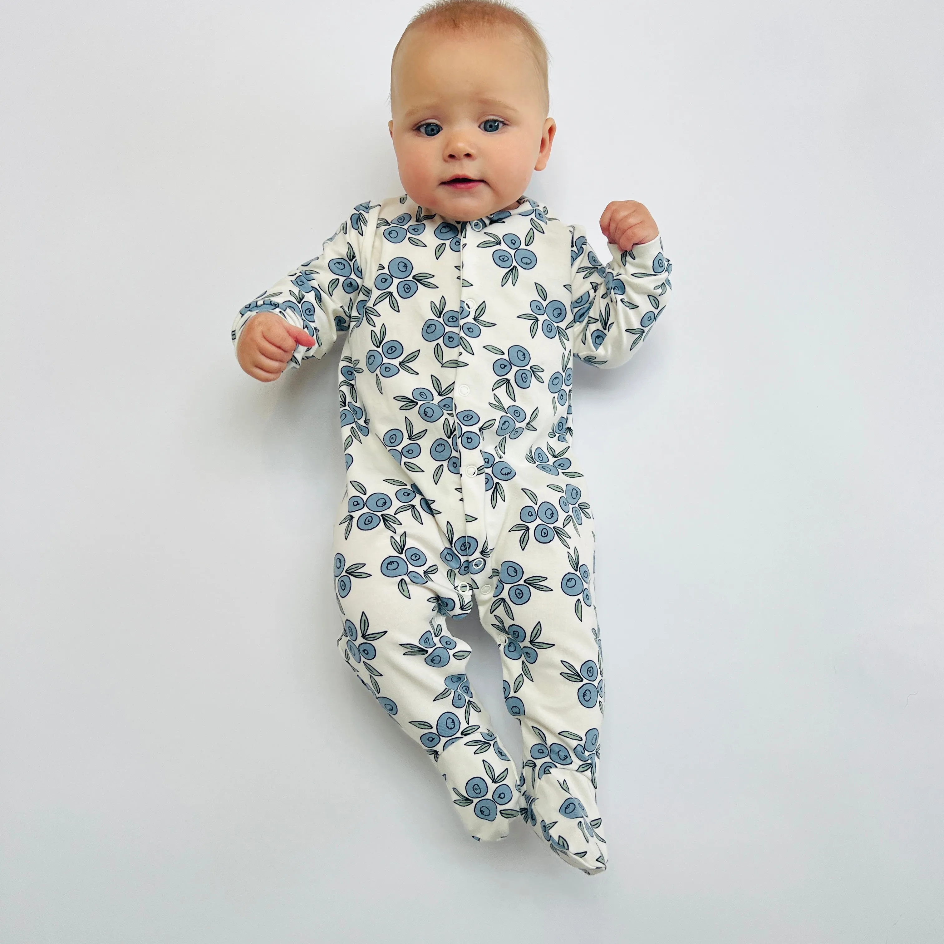Eddie & Bee organic cotton Baby sleepsuit  in Cream " Blueberry " print.