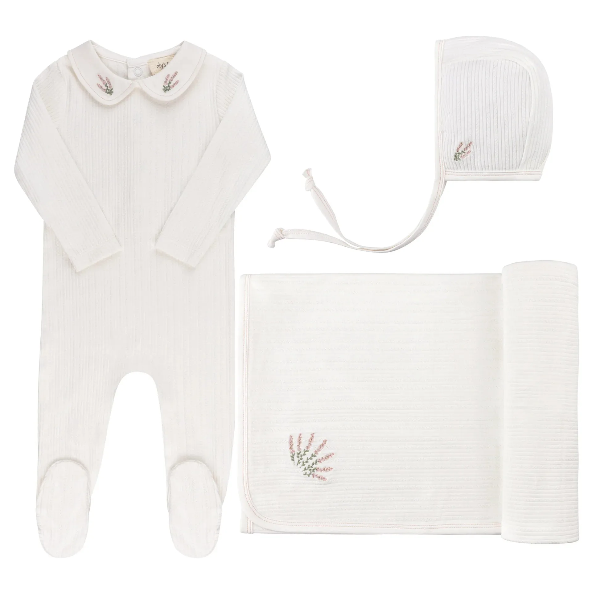 Ely's & Co Ivory Heather Embroiderd Collar Layette Set
