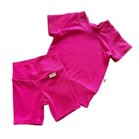 Fuchsia Ribbed Biker Shorts Lounge Set