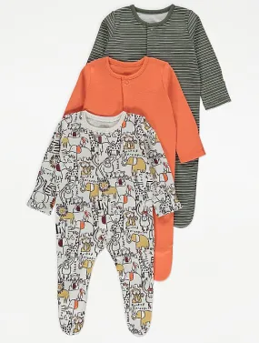 George 3 Pack Animal Print Baby Boys Sleepsuits