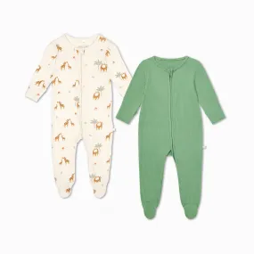 Giraffe & Ribbed Clever Zip Sleepsuit 2 Pack