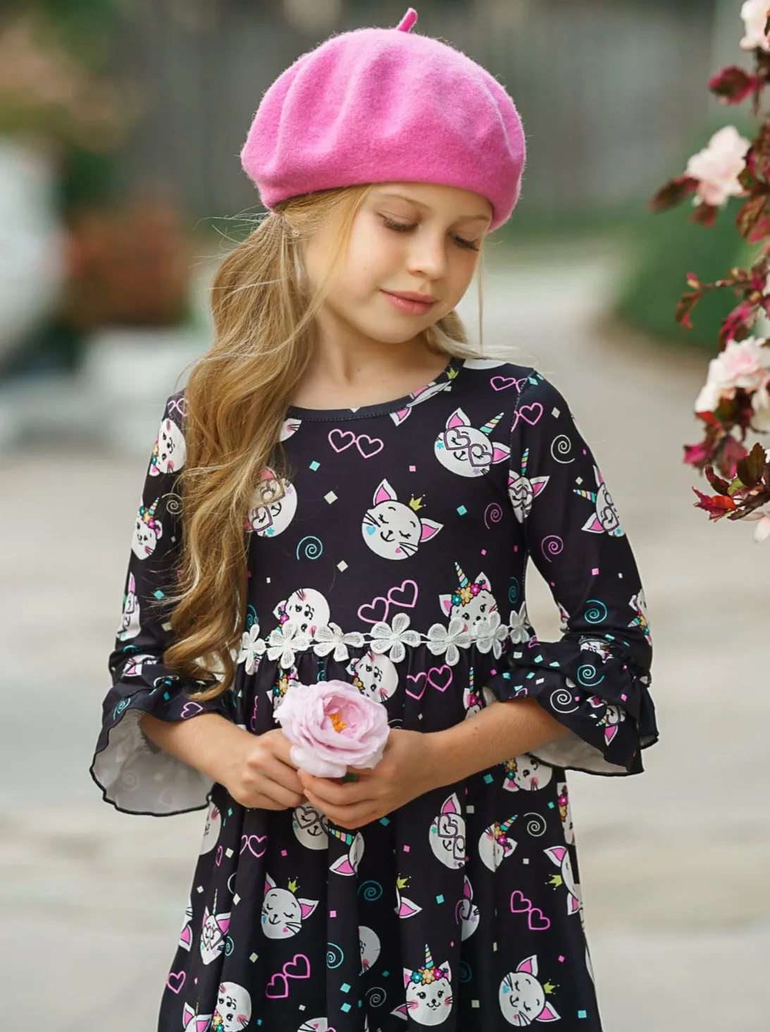 Girls Hi-Lo Double Ruffle Sleeve Kitten Print Dress