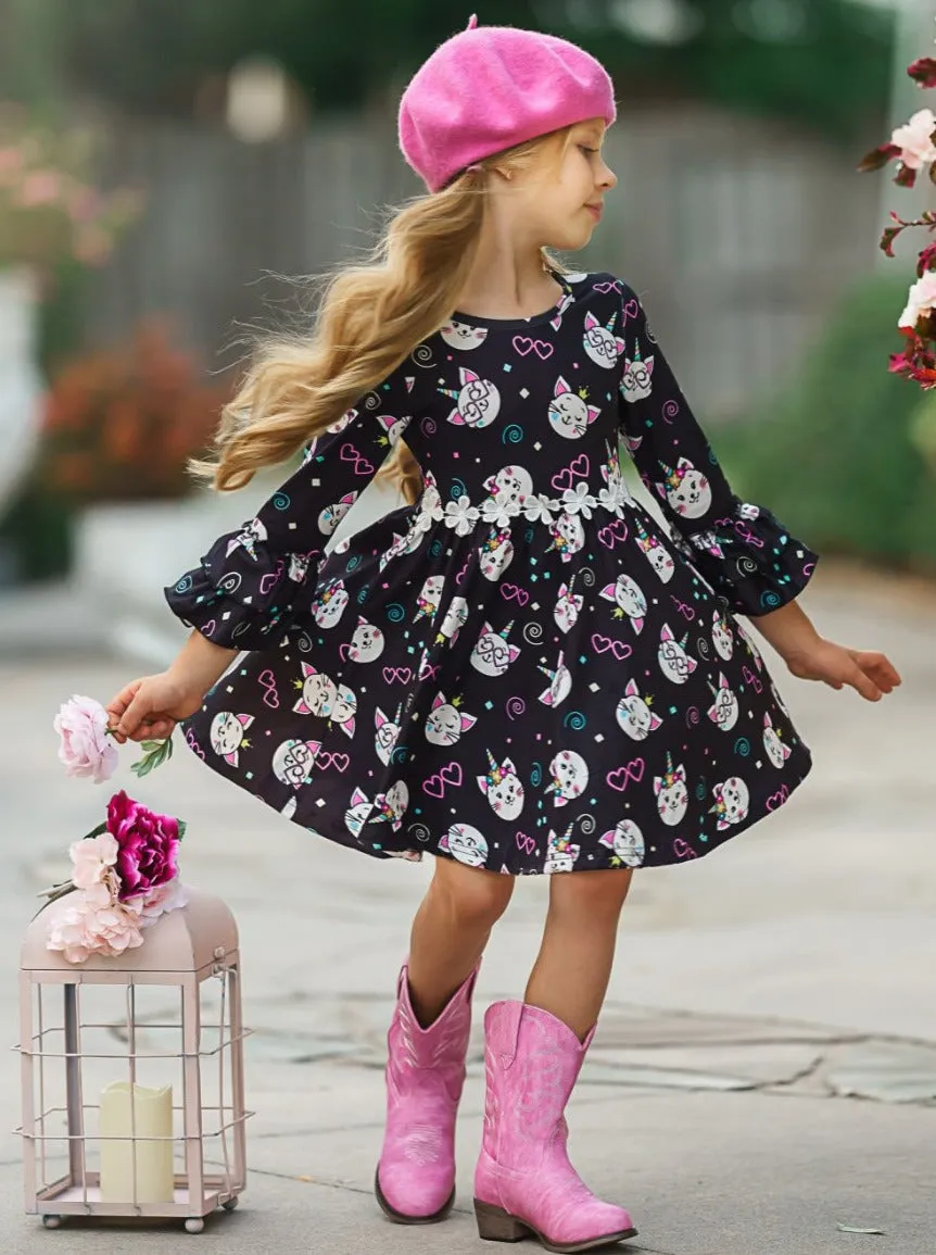 Girls Hi-Lo Double Ruffle Sleeve Kitten Print Dress
