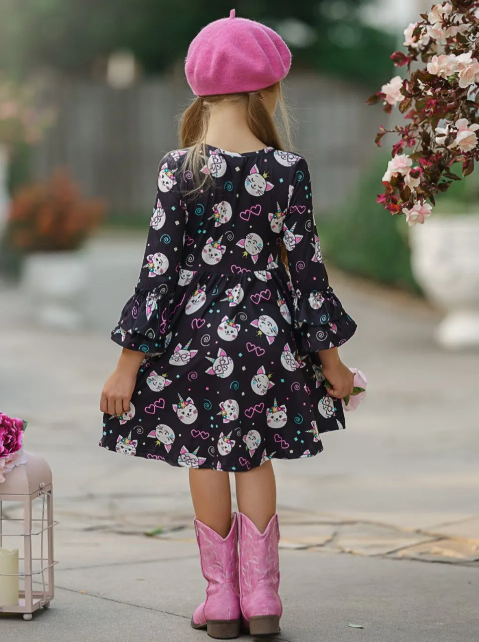 Girls Hi-Lo Double Ruffle Sleeve Kitten Print Dress
