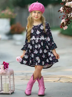 Girls Hi-Lo Double Ruffle Sleeve Kitten Print Dress